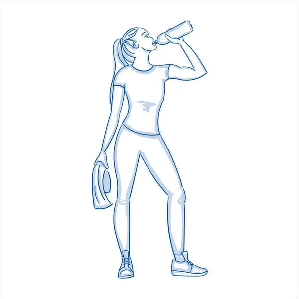 Chica Joven Bebe Agua Después Entrenar Polainas Con Una Toalla — Vector de stock