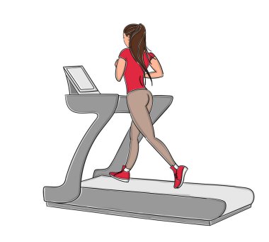 Atletik kadın simülatör koşu bandında. El çizimi mavi taslak. Fitness Genç kız. Tam boy. Çizgi film çizimi vektör illüstrasyonu.