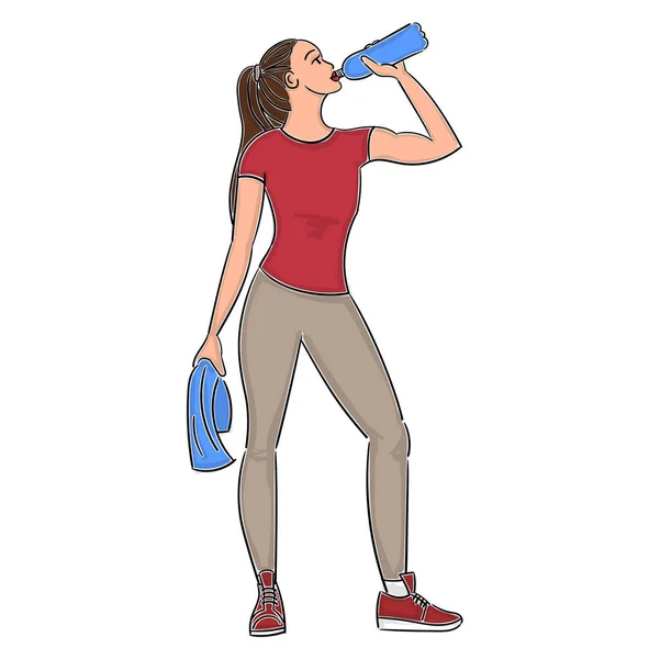 Chica Joven Bebe Agua Después Entrenar Polainas Con Una Toalla — Vector de stock