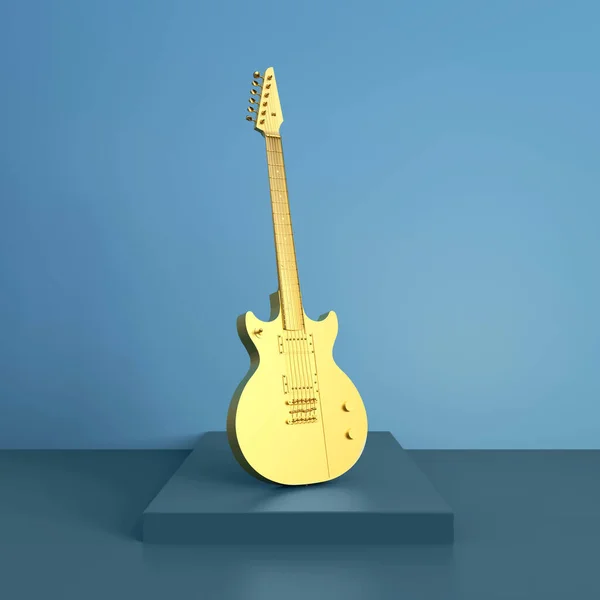 Złota Gitara Elektryczna Niebieskim Podium Ilustracja — Zdjęcie stockowe