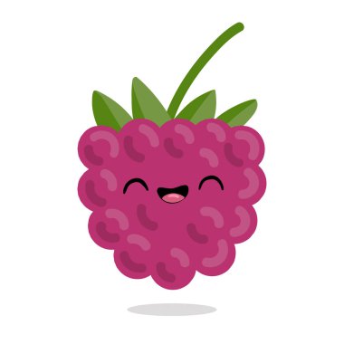 Şirin ahududu. Vektör çizimi. Karakter çizgi filmi. Kawaii çizgi filmi Emoji. Tatlı meyve vektörü karakteri. Çocukların gömlek tasarımında kullanılabilir. Tebrik kartları için moda yazdırma grafiği.