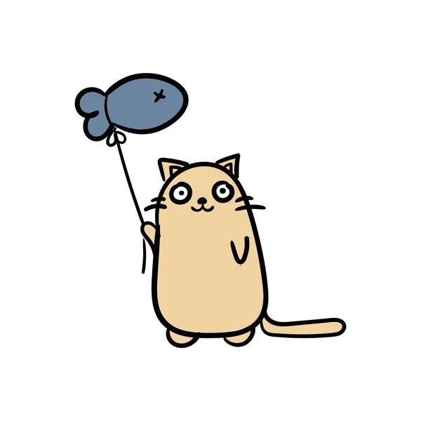 Velmi Roztomilá Kočka Balónkovou Rybou Ručně Kreslený Kresleném Stylu Zvířecí — Stockový vektor