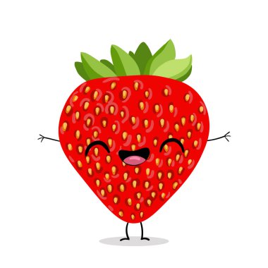Şirin çilek. Vektör çizimi. Karakter çizgi filmi. Kawaii çizgi filmi Emoji. Tatlı meyve vektörü karakteri. Çocukların gömlek tasarımında kullanılabilir. Tebrik kartları için moda yazdırma grafiği.