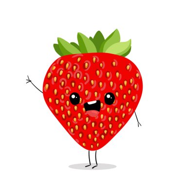 Şirin çilek. Vektör çizimi. Karakter çizgi filmi. Kawaii çizgi filmi Emoji. Tatlı meyve vektörü karakteri. Çocukların gömlek tasarımında kullanılabilir. Tebrik kartları için moda yazdırma grafiği.