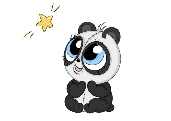 Cute Panda Melihat Bintang Kecil Vektor Ilustrasi Cartoon Bear Gambar - Stok Vektor