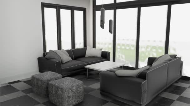 Interior ruang tamu modern. Sofas, Ottoman dan meja di dekat jendela yang membeku — Stok Video