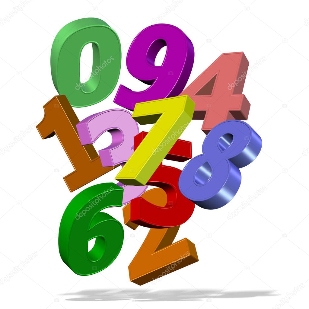 Many colorful falling digits against a white background in an illustration