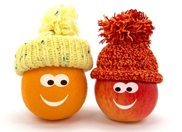 Maçã Laranja Com Rosto Engraçado Bobble Hat — Fotografia de Stock