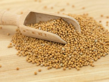 Tahta bir tabakta hardal tohumu ve baharat kepçesi