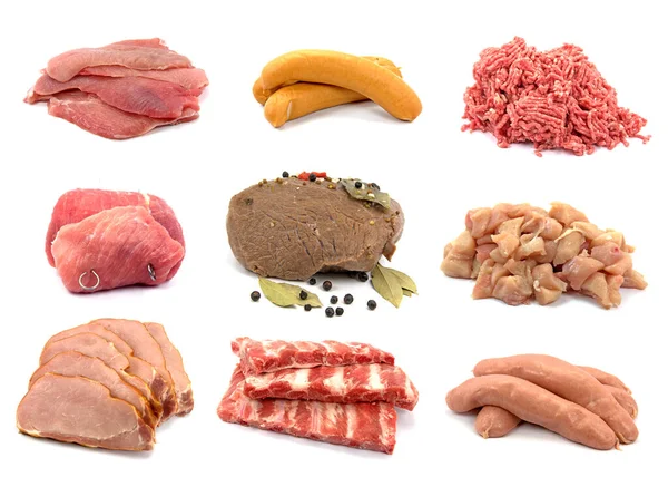 Worst Vleesproducten Een Collage Voor Witte Achtergrond — Stockfoto