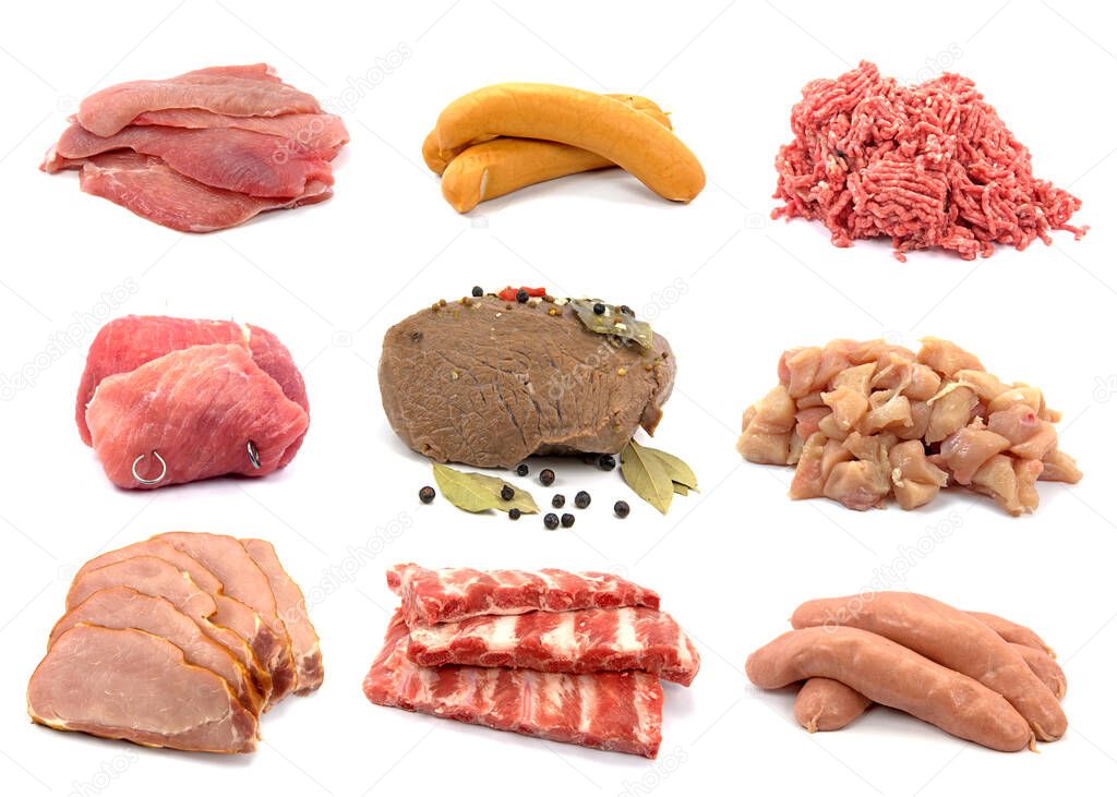 Sausage and meat products in a collage in front of white background