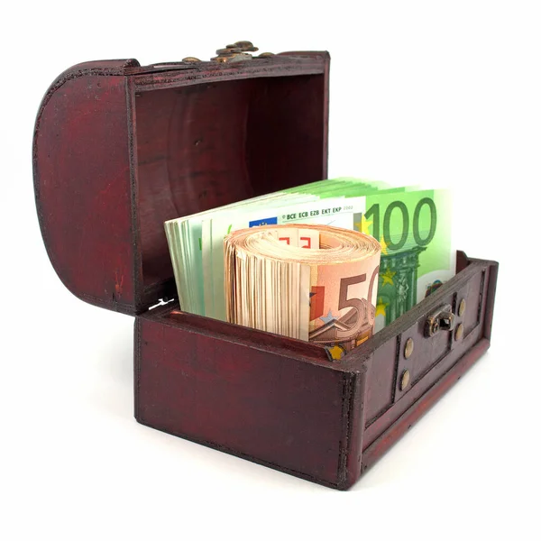 Montones Billetes Banco Euros Cofre Madera — Foto de Stock