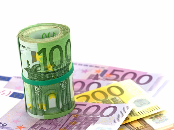 Viele Euro Banknoten Und Gerollte Hundert Euro Scheine — Stockfoto