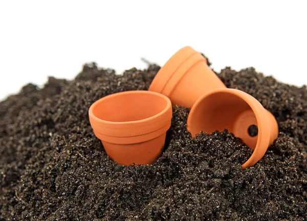 Empty flowerpots and potting soil