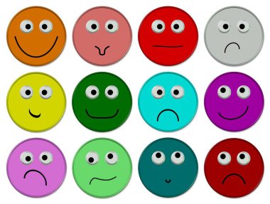 Farklı ruh hallerine sahip renkli emojiler.
