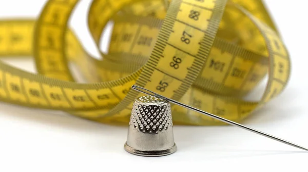 Tape Measure Sewing Needle Thimble White Background — Stock Photo, Image