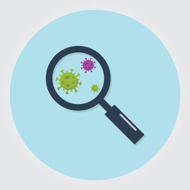 Coronavirus (COVID-19) Vektör İllüstrasyonu. Corona virüsünü büyüteçle arayın. COVID-19 önleme kavramı. 