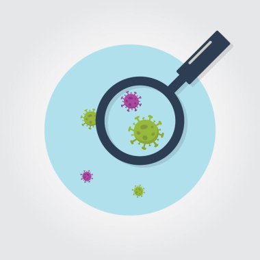 Coronavirus (COVID-19) Vektör İllüstrasyonu. Corona virüsünü büyüteçle arayın. COVID-19 önleme kavramı. 