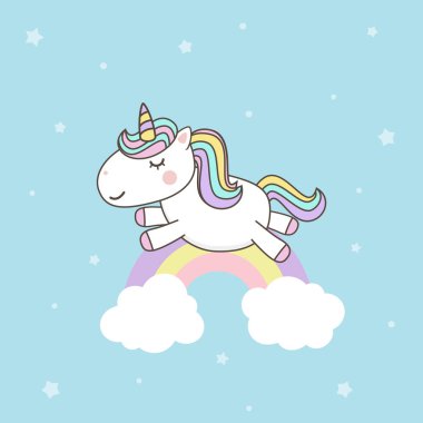 Tatlı Tekboynuz Çizgi Film Karakteri vektörleri Pastel gökkuşağı. Kawaii Filly Unicorn, Peri Masalı Midillisi beyaz arka planda izole edilmiş..
