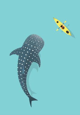 Whale shark and Kayak isolated on Blue sea background. Kayaking with Whale Shark (rhincodon typus). clipart