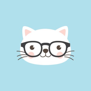 Kedi suratlı karakter. Gökyüzünde sevimli beyaz bir kedi yavrusu. Mavi arkaplan. Kutlama kartı için vektör illüstrasyonu..