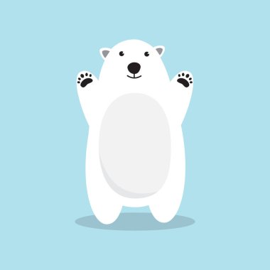 Kutup ayısı çizgi film karakteri. Mavi arka planda duran şirin bir kutup ayısı. Düz tasarım Vektör illüstrasyonu.