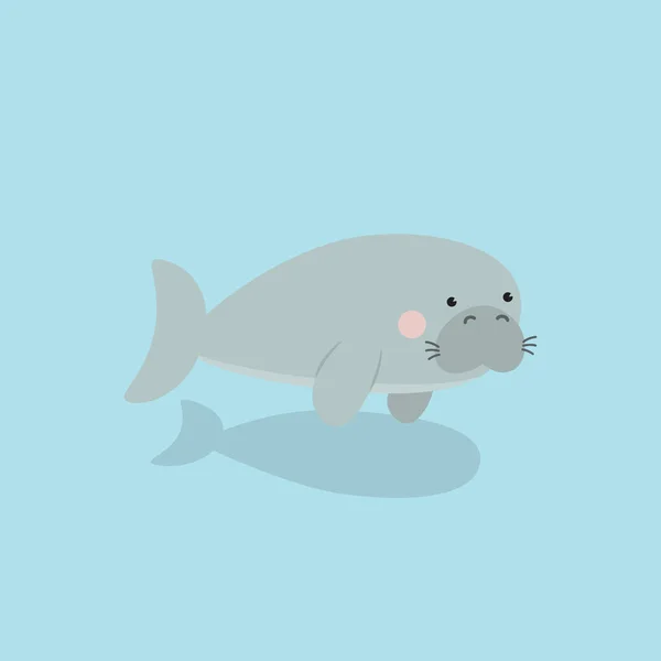 可爱的海牛卡通角色 在蓝色海的背景上被隔离 Kawaii Sea Animal Vector Illustration — 图库矢量图片