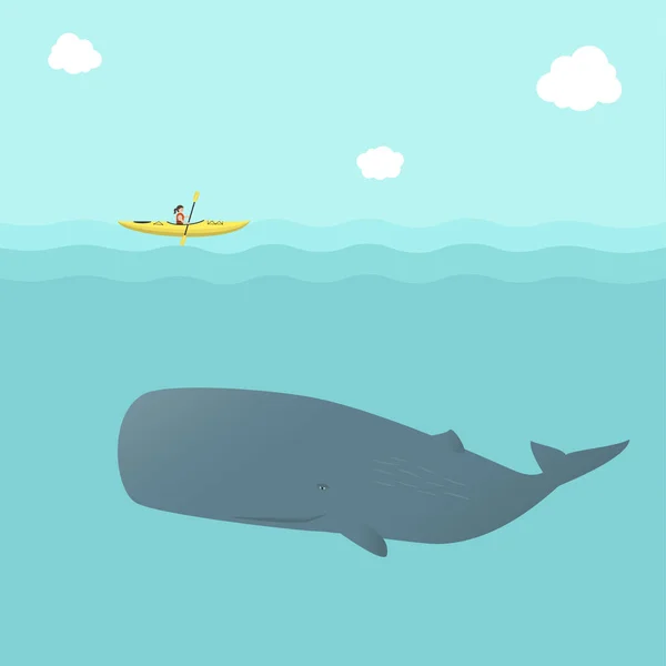 クジラとカヤックは青い海の背景に隔離されています 精子クジラ Physeter Macrocephalus とのカヤック 潜水艦とボートのベクトル図 — ストックベクタ