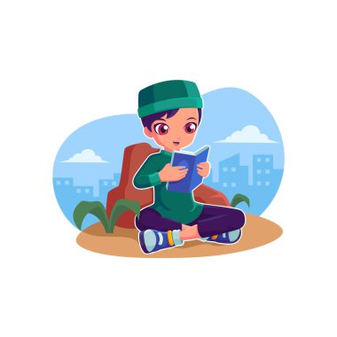 Genç Müslüman çocuk El-Kuran ramazan vektör illüstrasyonunu okudu