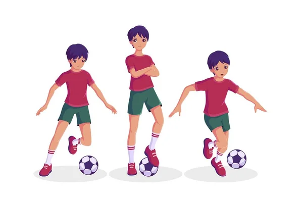Boy Playing Football Collection Different Actions — Stock Vector