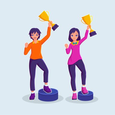 Mutlu kız ve oğlan ödül vektörü çizimleri tutuyorlar.