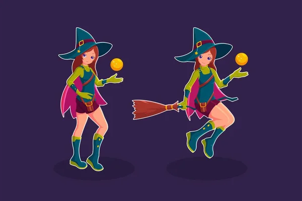 Witch Flying Broom Cartoon Character Vector Illustration — Stock Vector