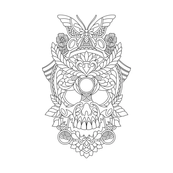 Ilustración Del Ornamento Dibujado Mano Del Cráneo Para Colorear Adulto — Vector de stock