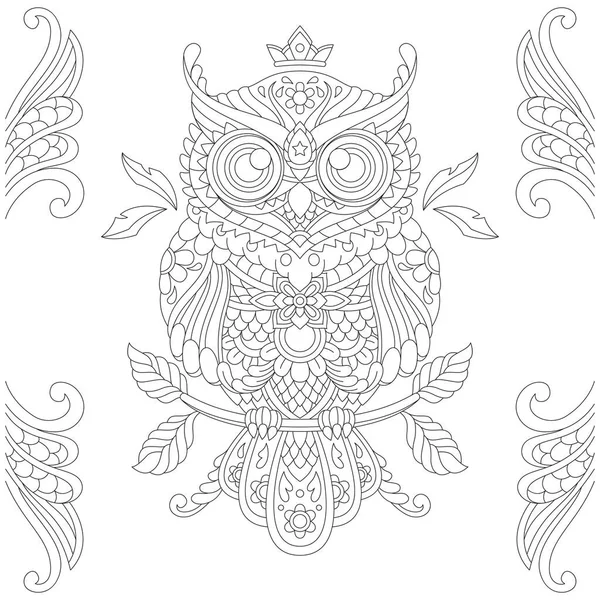 Illustration Owl Ornament Hand Drawn Adult Coloring Page — Stock Vector