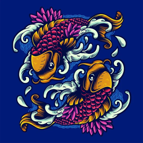 Dua Ikan Gambar Tangan Ornamen Ilustrasi Shirt Desain - Stok Vektor