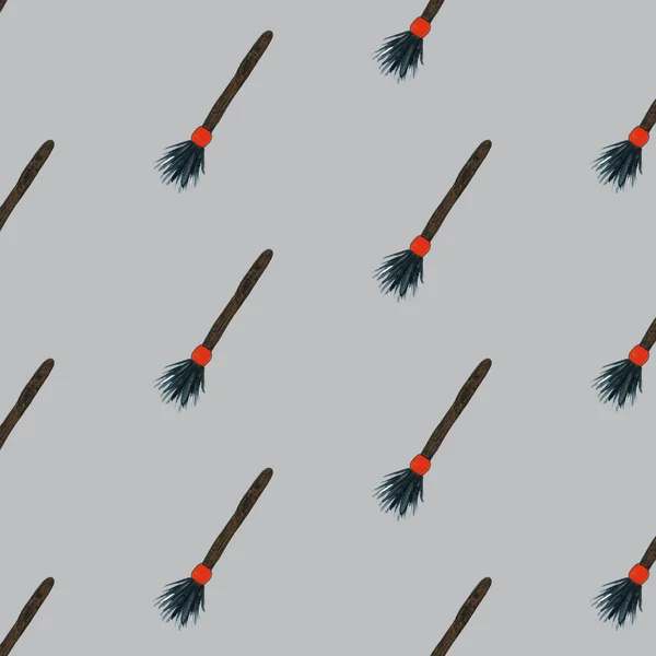 Seamless pattern with witchs broom. Halloween illustration. Brown and orange colors. Halloween costume