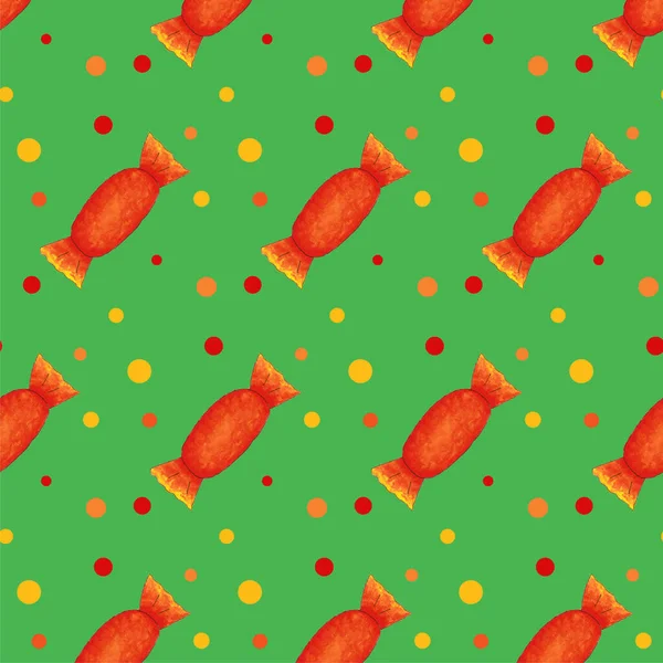 Seamless pattern with orange candies with dots on green board. Halloween illustration. Trendy hand drawn design for wrapping paper, textile, packaging. Candy shop. Sweet color lollipop