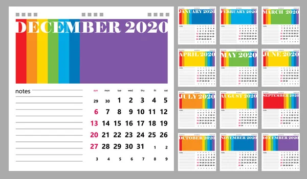 Creative Wall Calendar 2020 Med Linjär Regnbåge Design Söndagar Utvalda — Stock vektor