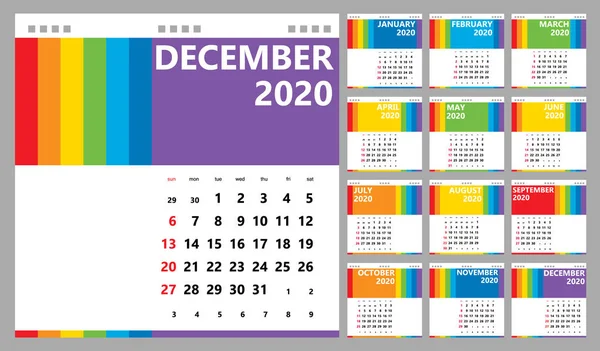 Creative Wall Calendar 2020 Med Linjär Regnbåge Design Söndagar Utvalda — Stock vektor