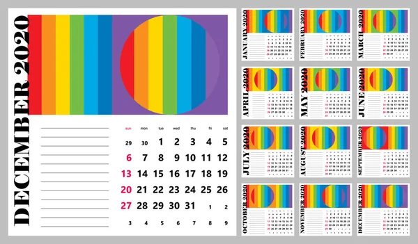 Calendrier Mural Créatif 2020 Avec Design Arc Ciel Linéaire Dimanches — Image vectorielle