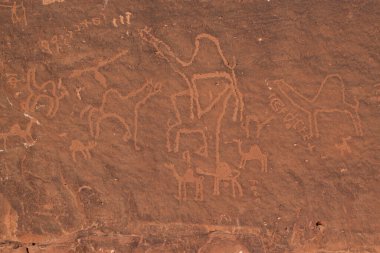 Wadi Rum Ürdün 'ünün kırmızı kum taşı yüzeyinde göçebe bedevilerin yaptığı tarih öncesi taş yazıtlara ve taşlara yakından bakın. Develeri ve insanları tasvir eder..
