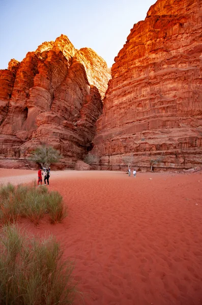 Desert scene at Wadi Rum, Jordan. Image features details of the texture of red sandstone rocks and cliffs, a landmark for wadi rum. Also seen are red sands, tourists at distance and small amount of vegetation