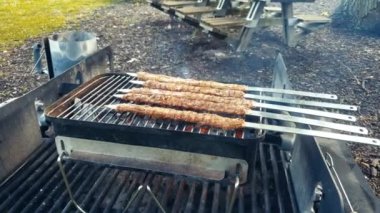 Uzun düz metal şişler etrafına sarılmış kıyma ve kuzu eti açık hava piknik sahasında yanan bir kömür ızgarasına yerleştiriliyor. Bu geleneksel Türk Adana kebabı (kebap) cızırdıyor 