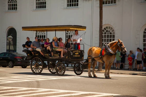 Charleston, SC / USA 07 / 03 / 2018: Charlestown manzaralı bölgenin tarihi bir manzarası. Görüntü, Eski Güney Nakliye Şirketi tarafından işletilen turistlerle dolu bir at arabası içeriyor.