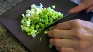 Bir kadın keskin bir bıçakla tabakta taze taze soğan (soğan) doğruyor. Ev yemeği, sağlıklı beslenme, vegan ya da vejetaryen diyetlerinin tanıtımı için uygun yakın çekim..