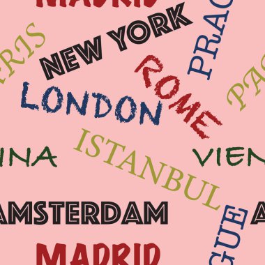 Dünyaca ünlü şehirleri ve açık pembe arka planda başkentleri barındıran postmodern, pürüzsüz bir model vektörü. Giyim, giyim, turizm, seyahat, iş, ev dekorasyonu ve sanat eserleri için elverişli.