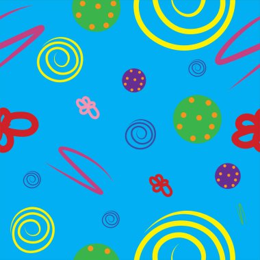 El çizimi, topların parlak çizimleri, polka noktalar, sarmal galaksiler, uğur böcekleri, çiçekler ile soyut, pürüzsüz desen. Çocuk kıyafetleri, yatak örtüleri, hediye paketleri ve kutlama kartları için uygun.