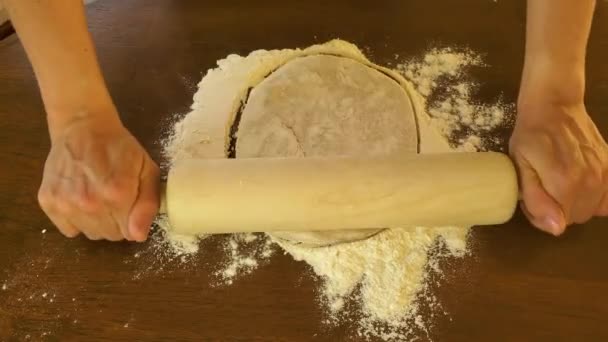 木製の圧延ピンを使用して生地のボールを平らにシェフの映像 彼女は固着を防ぐために小麦粉を入れ 硬い平らな表面で動作します これはピザ フラットブレッド またはラップを作るための一般的なステップです — ストック動画