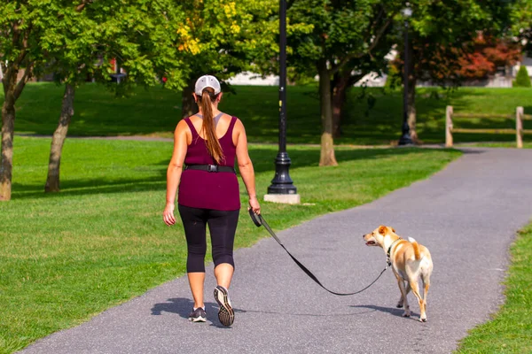 Isolated close up photo of a young blonde woman in sportswear as she is walking in the park with her dog. The light brown white dog is on leash. The woman has pony tail and a baseball hat.