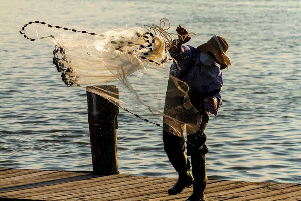 Fisherman Wearing Overalls Boots Well Bucket Hat Throwing Cast Net — Stock Photo, Image